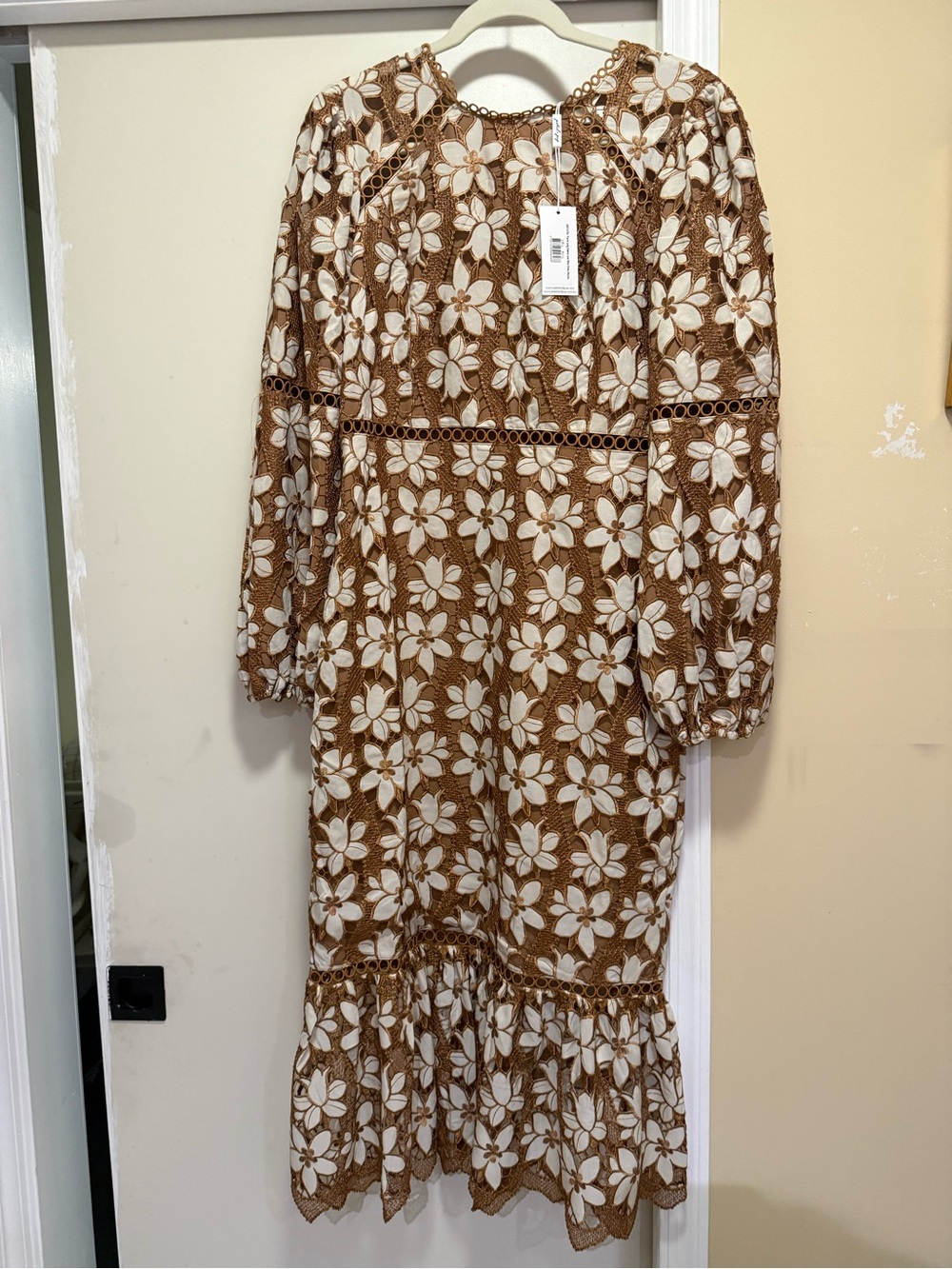 Petal & Pup Brown and White Floral Lace Long Sleeve Midi Dress